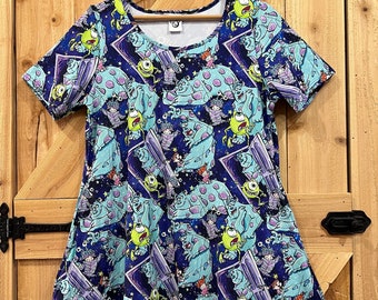 Disney dress Monsters Inc. Boo, Sully, Mike blue purple  short sleeve Disney dress for women with pockets