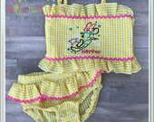 Disney Swimsuit for little girls 2 piece yellow seersucker Disney Cruise Minnie Mouse embroidery personalized