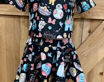Conjunto de top y skort Conjunto de falda de Disney con pantalón corto top de manga corta ropa de niña Icono de Disney estampado vintage de Disneyland. Mami y yo RTS