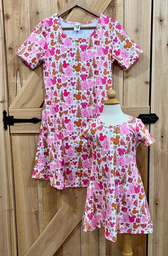 Mommy and Me Christmas dresses pretty pink adult and girls short sleeve and sleeveless with pockets holiday dress