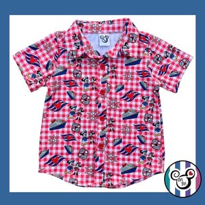Disney Cruise shirt voor mannen en jongens. Rood geruit Captain Mickey en Minnie Mouse shirt voor het hele gezin, bijpassende DCL-shirts.