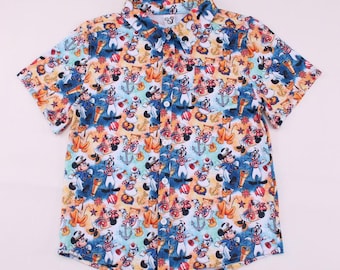 Disney Cruise collar button up short sleeve shirt for adults, Captain Mickey and Minnie, Pluto and Donald Hawaiian style shirt, camp shirt