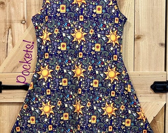 Tangled Rapunzel Disney floating lantern long hair princess print dress. Mommy Sleeveless or short sleeve for girls and women, pockets