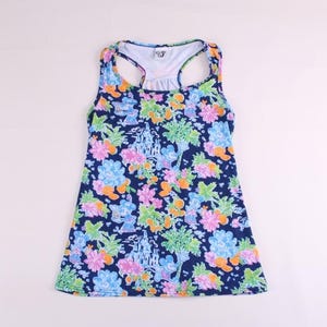 Disney tropical pink and navy blue Mickey and Minnie print flowy style tank top racer back for women image 1