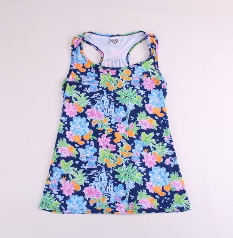 Disney tropical pink and navy blue Mickey and Minnie print flowy style tank top racer back for women image 1