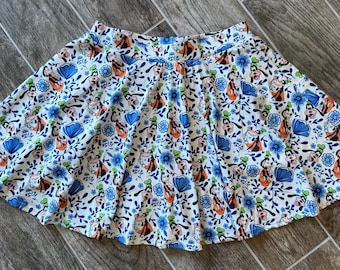 Skort, Goofy Disney  flower and garden blue white print skirt with attached shorts, pickleball skirt, tennis, running skort