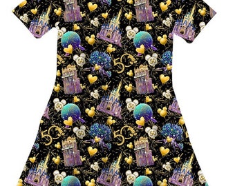 Disney 50th Anniversary ladies dress mommy and me too. Black background Mickey celebration print short sleeve with pockets