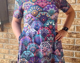 Mandala print dress. Aladdin or Epcot Morocco vibe!! Dress for women with pockets plus size cute short sleeve