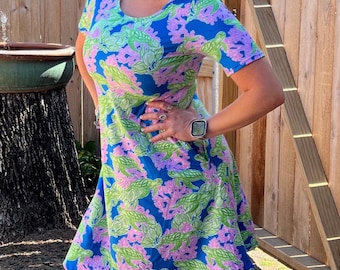 Tropical turtle print cruise summer vacation dress for women with pockets plus size cute short sleeve