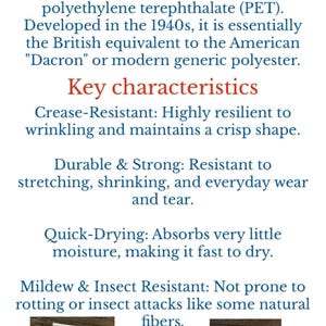 text and two images related to the topic of fiber content. The text provides information about the brand name "Terylene" and its synthetic polyester fiber made from polyethylene terephthalate (PET). The image shows a piece of paper with the brand name "Terylene" printed on it.