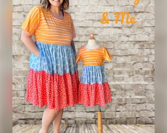 Mommy and Me, 3 tier girl dress, school dress, Jessie Lizzie, short sleeve yellow blue orange dress for all sizes including Plus size