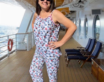 Disney Cruise pajama set for adults top and pants DCL logo Mickey Minnie nautical print women's pajamas