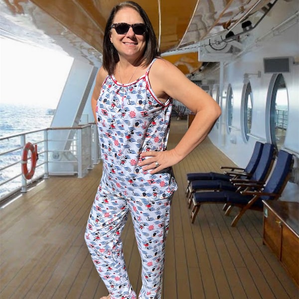 Disney Cruise pajama set for adults top and pants DCL logo Mickey Minnie nautical print women's pajamas