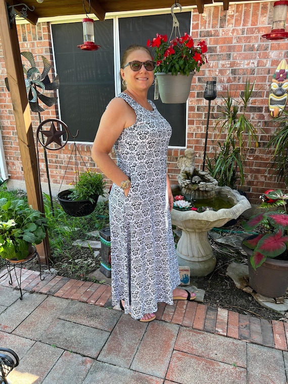 maxi dress mickey printed Disney Maxi Dress Mickey Damask Print White and Black With Pockets Long  Ankle Length Dress or Knee Length Sleeveless Dress