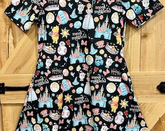 Disney ladies character icon print dress. Disneyland sign dress for women with pockets plus size and regular cute short sleeve