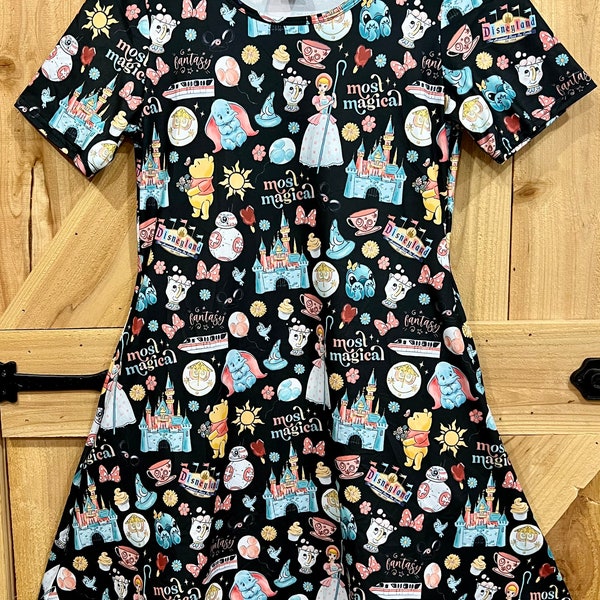 Disney ladies character icon print dress. Disneyland sign dress for women with pockets plus size and regular cute short sleeve