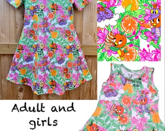 Disney dress Orange Bird Figment Epcot print dress. Mommy and Me Disney dress for women and girls with pockets plus size also