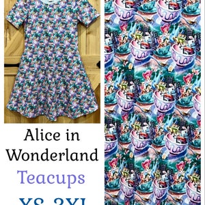 Disney dress Alice in Wonderland tea party print dress. Disney dress for women with pockets plus size cute short sleeve
