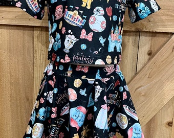 Top and skort set Disney outfit skirt with shorts short sleeve top girl clothes Disney icon vintage Disneyland print. Mommy and Me RTS