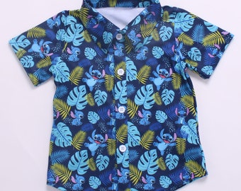 Disney Stitch boy's and men button up shirt tropical Stitch navy green hawaiian style vacation shirt for family matching