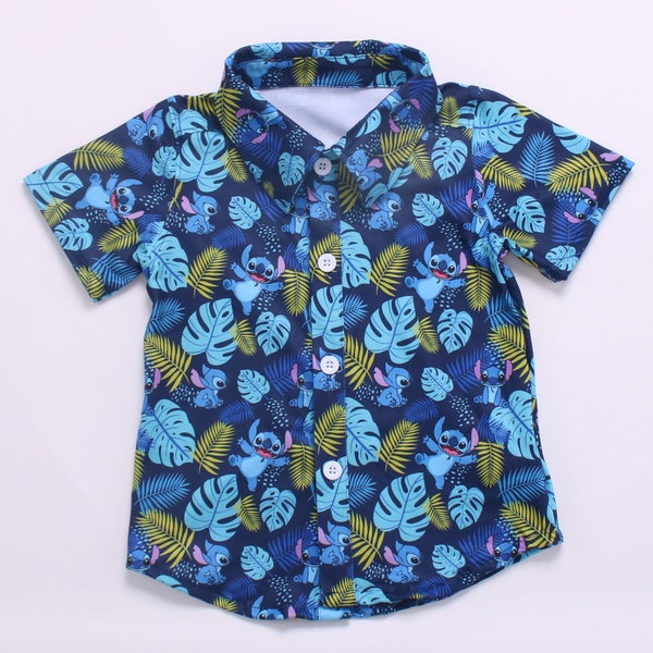 Disney Stitch boy's and men button up shirt tropical Stitch navy green hawaiian style vacation shirt for family matching