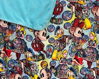 Disney blanket Art print throw character print smooth minky soft cover Mickey Minnie Donald Duck Alice