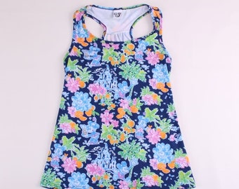 Disney tropical pink and navy blue Mickey and Minnie print flowy style tank top  racer back for women