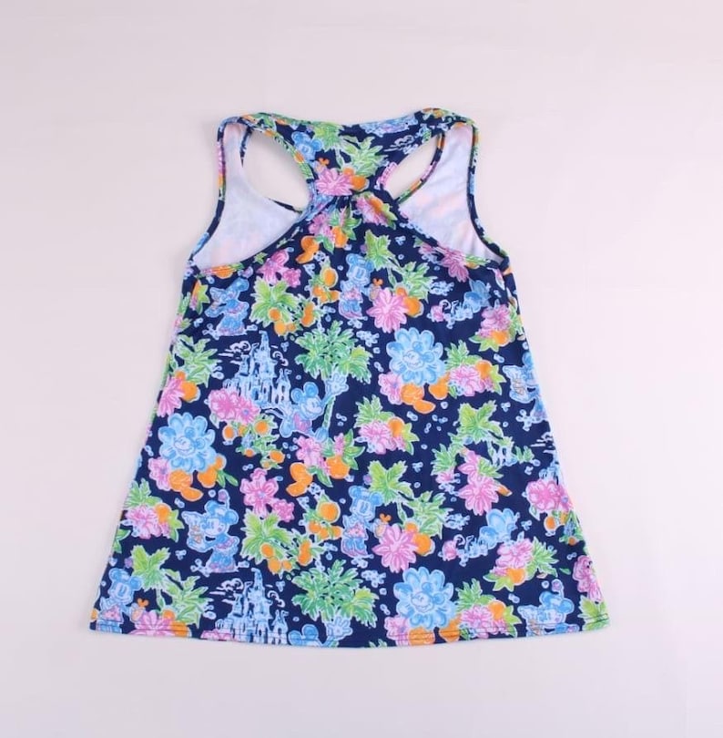 Disney tropical pink and navy blue Mickey and Minnie print flowy style tank top racer back for women image 2