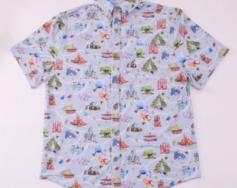 Disney park rides map collared button up shirt vacation theme print men’s shirt