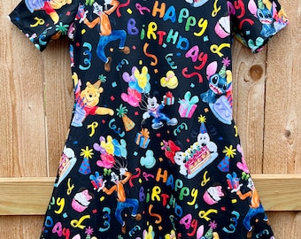 Happy Birthday dress, Disney inspired Birthday Celebration outfit for women and girls with pockets including plus size cute short sleeve