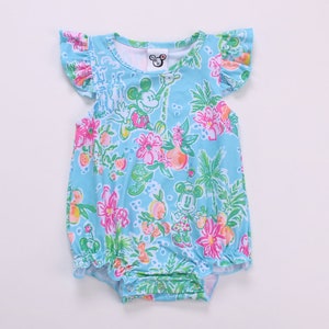 Disney girl bubble suit tropical pink and aqua floral Disney outfit infant and toddler