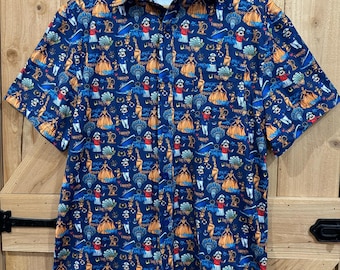 Disney Cruise collar button up short sleeve shirt for adults, Captain Mickey and Minnie, Ship names and logo Pluto, Donald Hawaiian shirt