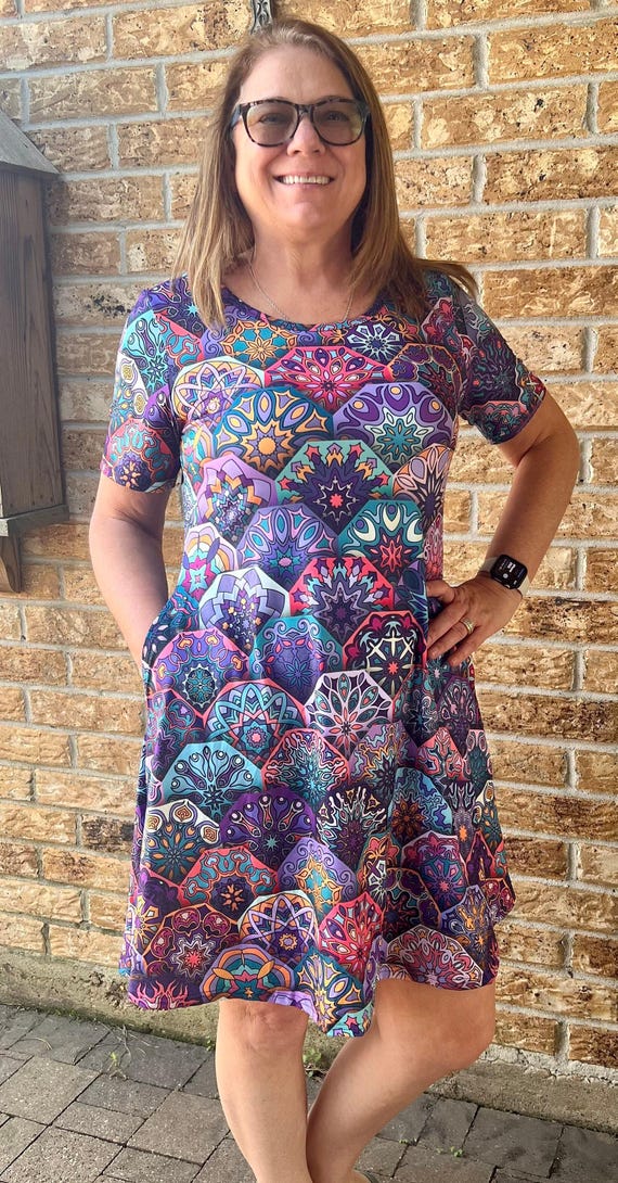 Mandala print dress. Aladdin or Epcot Morocco vibe!! Dress for women with pockets plus size cute short sleeve