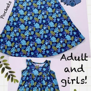May include: Blue sleeveless dress with a tropical leaf and Stitch character print. The dress has pockets and is available in adult and girls' sizes. A cartoon image of Stitch is also included.
