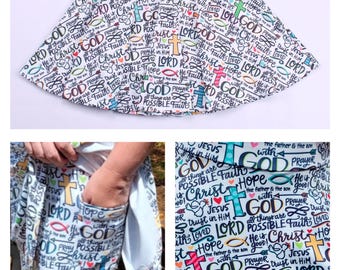 Skort, Praise God print skirt with attached shorts, pickleball skirt, tennis, running skirt. Jesus skirt