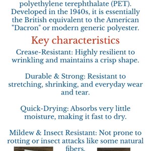 text and two images related to the topic of fiber content. The text provides information about the brand name "Terylene" and its synthetic polyester fiber made from polyethylene terephthalate (PET). The image shows a piece of paper with the brand name "Terylene" printed on it.