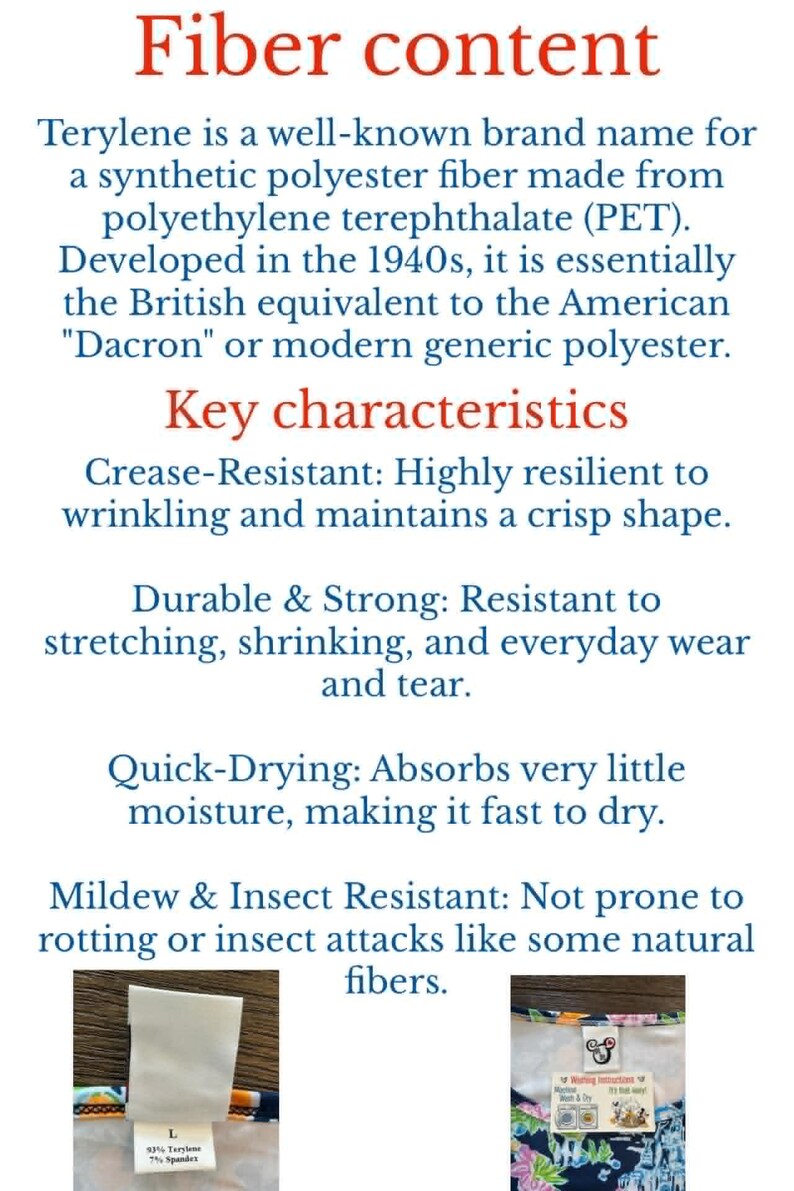 text and two images related to the topic of fiber content. The text provides information about the brand name "Terylene" and its synthetic polyester fiber made from polyethylene terephthalate (PET). The image shows a piece of paper with the brand name "Terylene" printed on it.