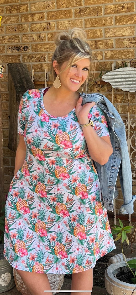 pineapple dress for women cream hawaiian maxi backed green spandex leaves Upside down Pineapple Sublimation Cut