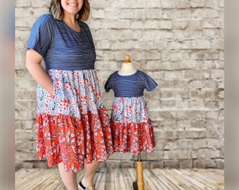 Mommy and Me dress, school dress, Jessie Lizzie, short sleeve white, navy, orange dress for all sizes including Plus size