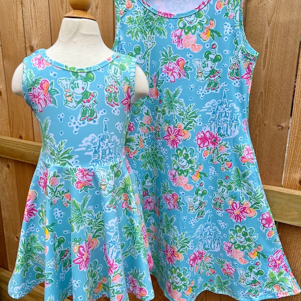 Dress, Disney Minnie Mouse tropical aqua and pink summer print. Mommy and me too! POCKETS Ready To Ship kids to adult regular and plus size