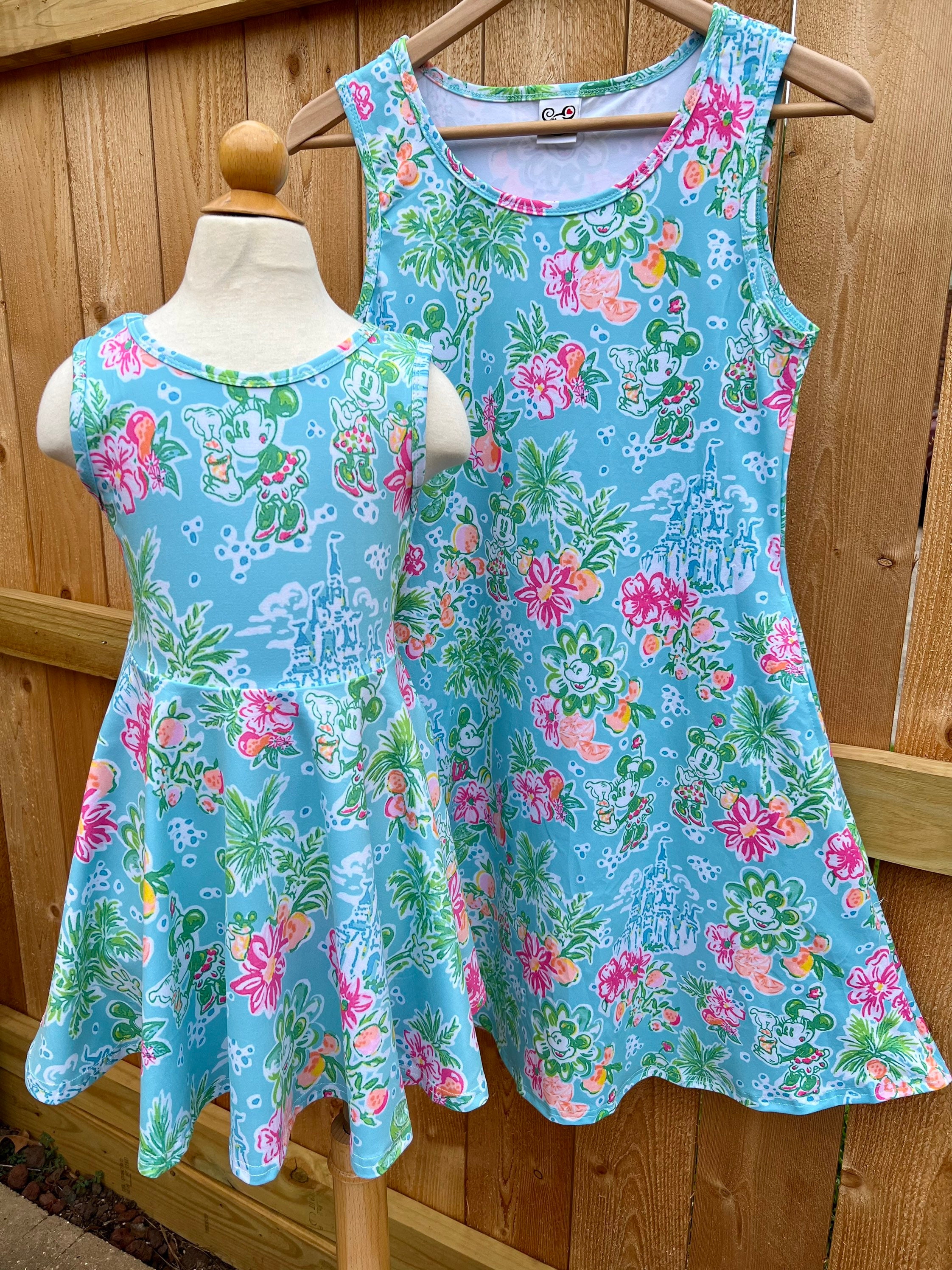 Dress, Disney Minnie Mouse Tropical Aqua and Pink Summer Print. Mommy and  Me Too POCKETS Ready to Ship Kids to Adult Regular and Plus Size 