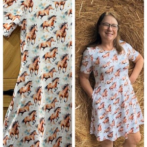 Horse print dress, Bronco, Mustang, Rodeo ladies dress  with pockets, short sleeve