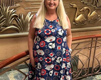Disney cruise dress, adult size nautical print, Mommy and Me, Mickey mouse and Minnie cruise ship dress anchor family outfits Ready To Ship