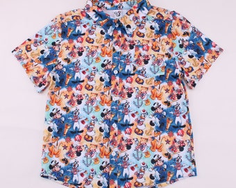 Disney Cruise-kraag, knoopsluiting met korte mouwen voor volwassenen, Captain Mickey en Minnie, Pluto en Donald overhemd in Hawaïaanse stijl, kampshirt