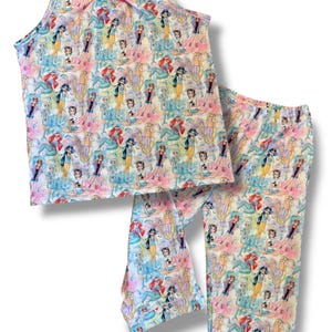 Disney princess pajama set for adults top and capri pants. Princess print women&#39;s pajamas
