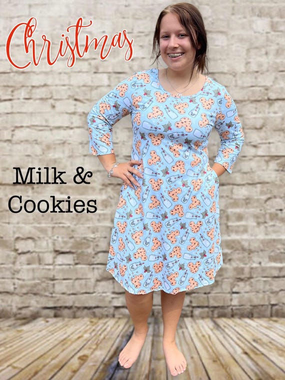 Mommy and Me Christmas Milk and Cookies Mickey Mouse Print Adult and Girls 3/4 Sleeve With Pockets Holiday Dress or Nightgown Disney