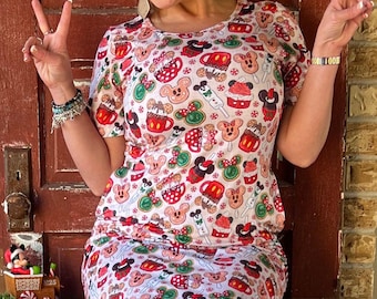 Christmas MAXI Disney Mickey snacks print dress.  Short SleeveDisney holiday dress for women with pockets regular and plus size ankle length