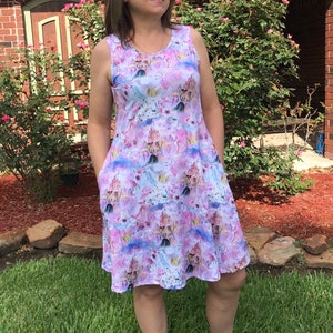 Disney print ladies dress Best Friends at the Castle dress. Disney dress for women
