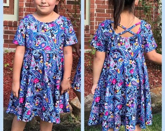 Disney dress Paisley Mickey print.  Short Sleeve Navy blue Disney dress for girls Mommy and Me