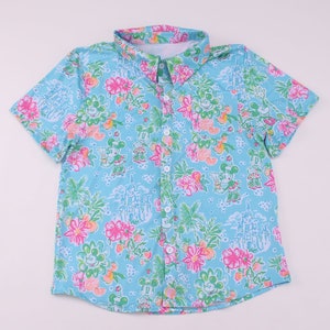 Disney button up shirt for men and boys, tropical Mickey Mouse aqua pink hawaiian style vacation shirt for family matching